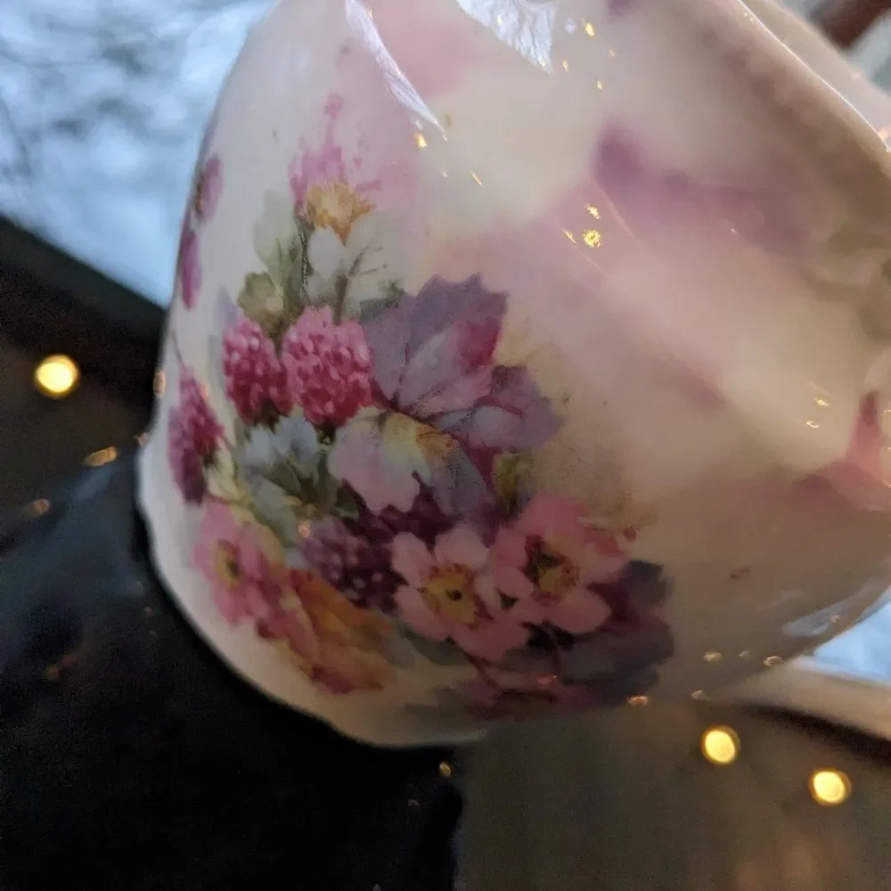 Antique 1800's German Porcelain Pitcher Creamer Floral Black Berry Purple Pink